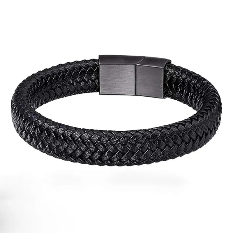 Premium Black Leather Magnetic Bracelet for Men