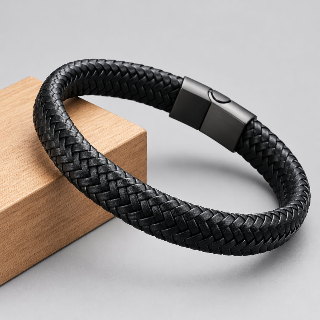 Premium Black Leather Magnetic Bracelet for Men